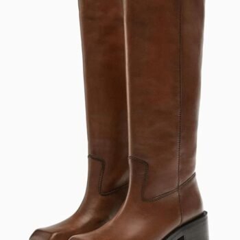 Square toe flat knee boots for women retro thick heel long boots