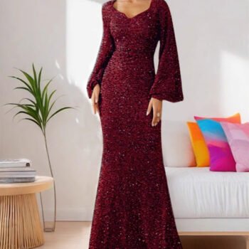 V-Neck Sequin Bodycon Dress with Trumpet Sleeves