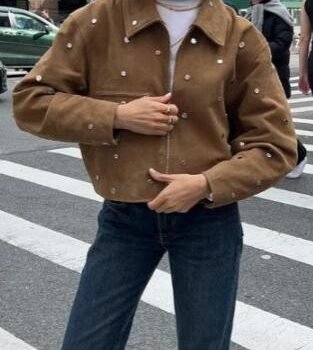 Retro Brown Faux Suede Collared Jacket with Studded Detailing