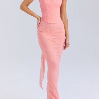 Pink Strapless Bodice and High Waist Skirt with Tie Set