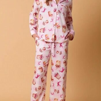 Bowknot Milk Tea Print Pajama Set Long Sleeve Shirt