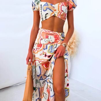 Summer Printed Top And Wrap Skirts Set