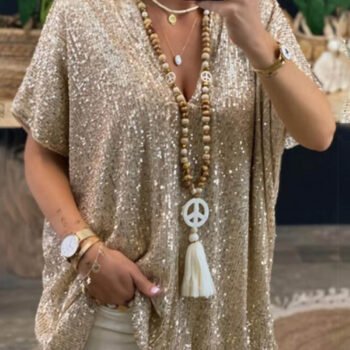 Bohemian Casual Loose Pullover Short Sleeve Sequin V-Neck Top