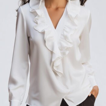 Satin V-neck Top With Ruffled Trim