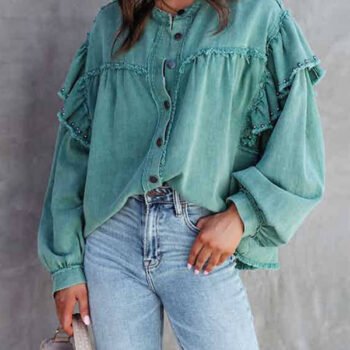 Lantern Sleeve Nail Bead Ruffled Denim Jacket Coat