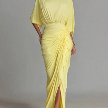 Elegant High-neck Half-sleeve Pleated Maxi Dress