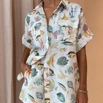 Personalized Fish Print Vacation Short Sleeve Shirt Tie-Dye Shorts Set