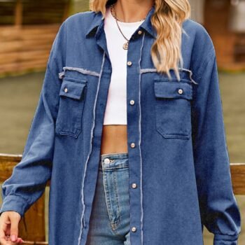 New Denim Raw Edge Washed Tassel Top Casual Shirt - Dark Blue