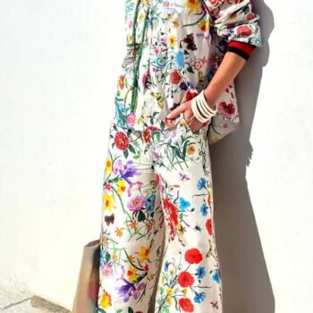 Floral Unique Print Elastic Waist Pocketed Wide Leg Pants-Set