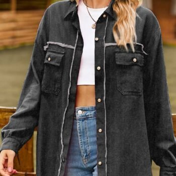 New Denim Raw Edge Washed Tassel Top Casual Shirt - Black