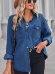 Collared Neck Dropped Shoulder Denim Top- Dark Blue
