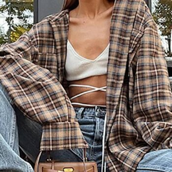 Vintage Plaid Shirts Women Loose Gingham Female Blouse Autumn