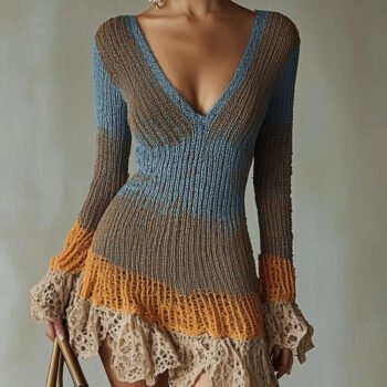 Multicolor Knit Mini Dress With Lace Ruffle Trim