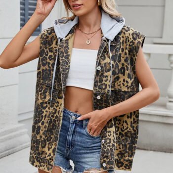 Denim Leopard Print Hooded Vest