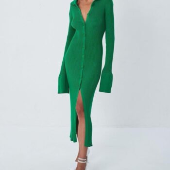 Long Cardigan Knit V-Neck Sweater Dress