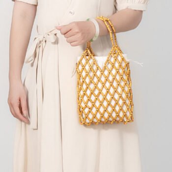 Hollow-Out Wooden Bead Woven Tote Bag