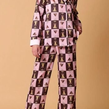 Plaid Wine Glass Print Pajama Set Long Sleeve Shirt