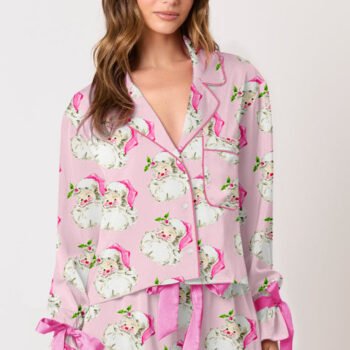 Pink Printed Cute Santa Head Printed Pajama Set