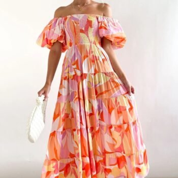 Andrea Printed Off-shoulder Puff Sleeve Tiered Maxi Dress