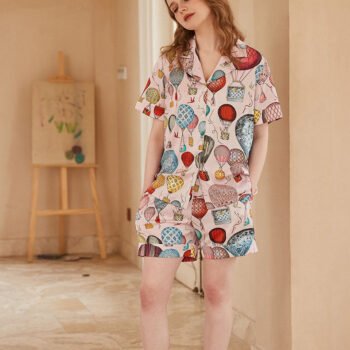 Hot Air Balloon Print Open-Front Short-Sleeve Pajama Set