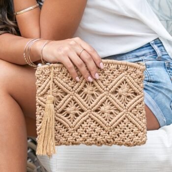 Diamond Pattern Macrame Tassel Clutch