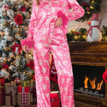 Boot & Feather Print Satin Pajama Set