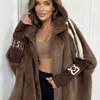 Women Plush Hooded Vertical Stripe Printed Casual Coat