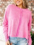 Fuchsia Reversible Twist Mineral Wash Raw Hem Sweatshirt