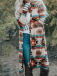 Multicolor Geometric Color Block Long Cardigan