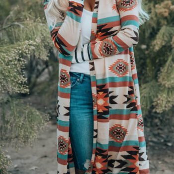 Multicolor Geometric Color Block Long Cardigan