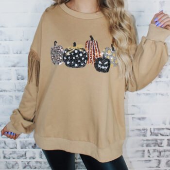 Pumpkin Sequin Fringe Sleeve Top
