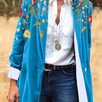 Folk Art Floral Embroidery Corduroy Blazer