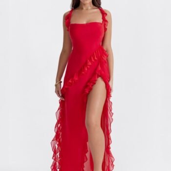 Ruffled Long Maxi Slip Dress - Red