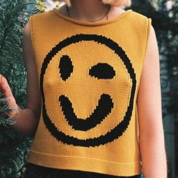 Happy Face Knit Unique Pattern Versatile Loose Tank Top