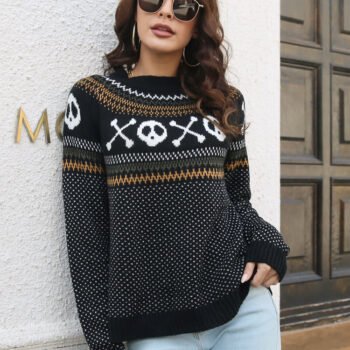 Retro Skull Pattern Round Neck Knitted Sweater