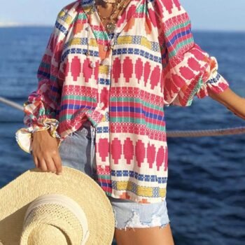 Unique Printed V-neck Lantern Sleeve Loose Shirt