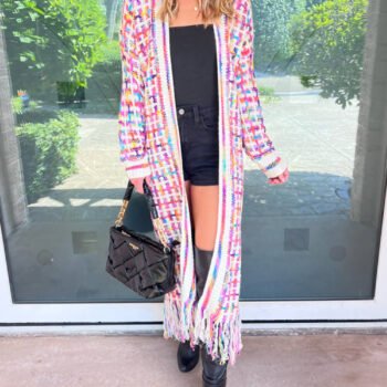 Boho Multicolor Fringe Hem Longline Cardigan