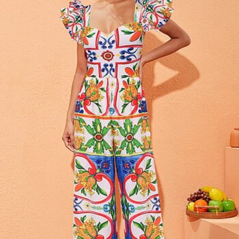 Ruffle Enamel Floral Print Swimsuit Set