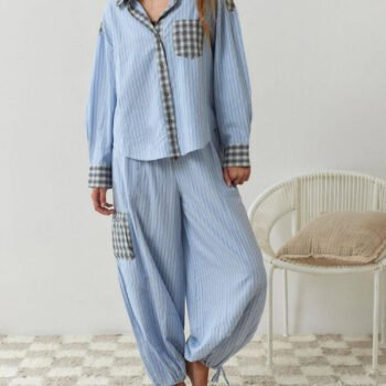Sky Blue Loose Splice Pajama Set