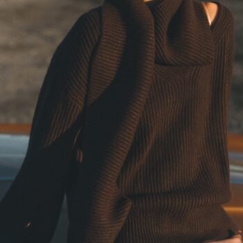 Loose Rib-Knit Scarf-Collar Sweater
