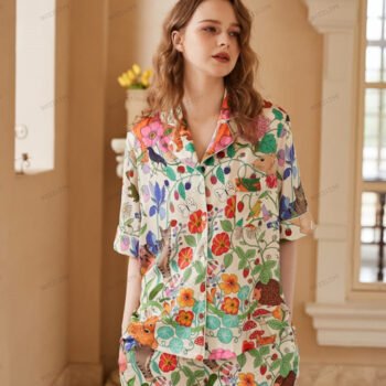 White Forest Garden Print Ice Silk Short Loungewear Set