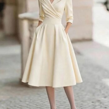 Elegant V-neck Long-sleeved Midi Dress