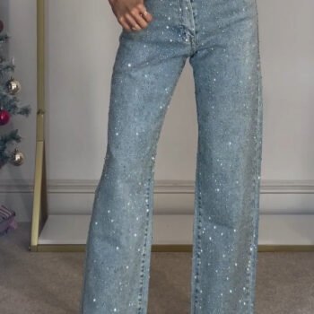 High Waisted Diamanté Straight Leg Jeans