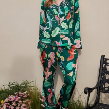 Green Parrot Print Silk Pajama Set