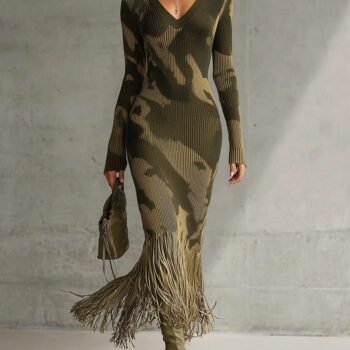 Olive Camo Knit V-Neck Fringe Hem Midi Dress