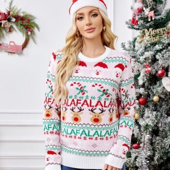Loose-Fit Round Neck Christmas Cartoon Knit Sweater - Pink