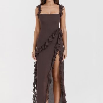 Ruffled Long Maxi Slip Dress - Coffee