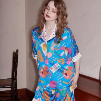 Stationery Print Casual Short-Sleeve Loungewear Set - Blue