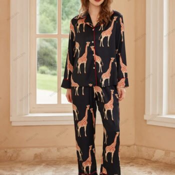 Black Giraffe Print Ice Silk Long-Sleeve Pajama Set