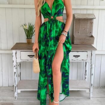 Floral Chain Split Dress ¨C Bold Tropical Style with Gold Accents